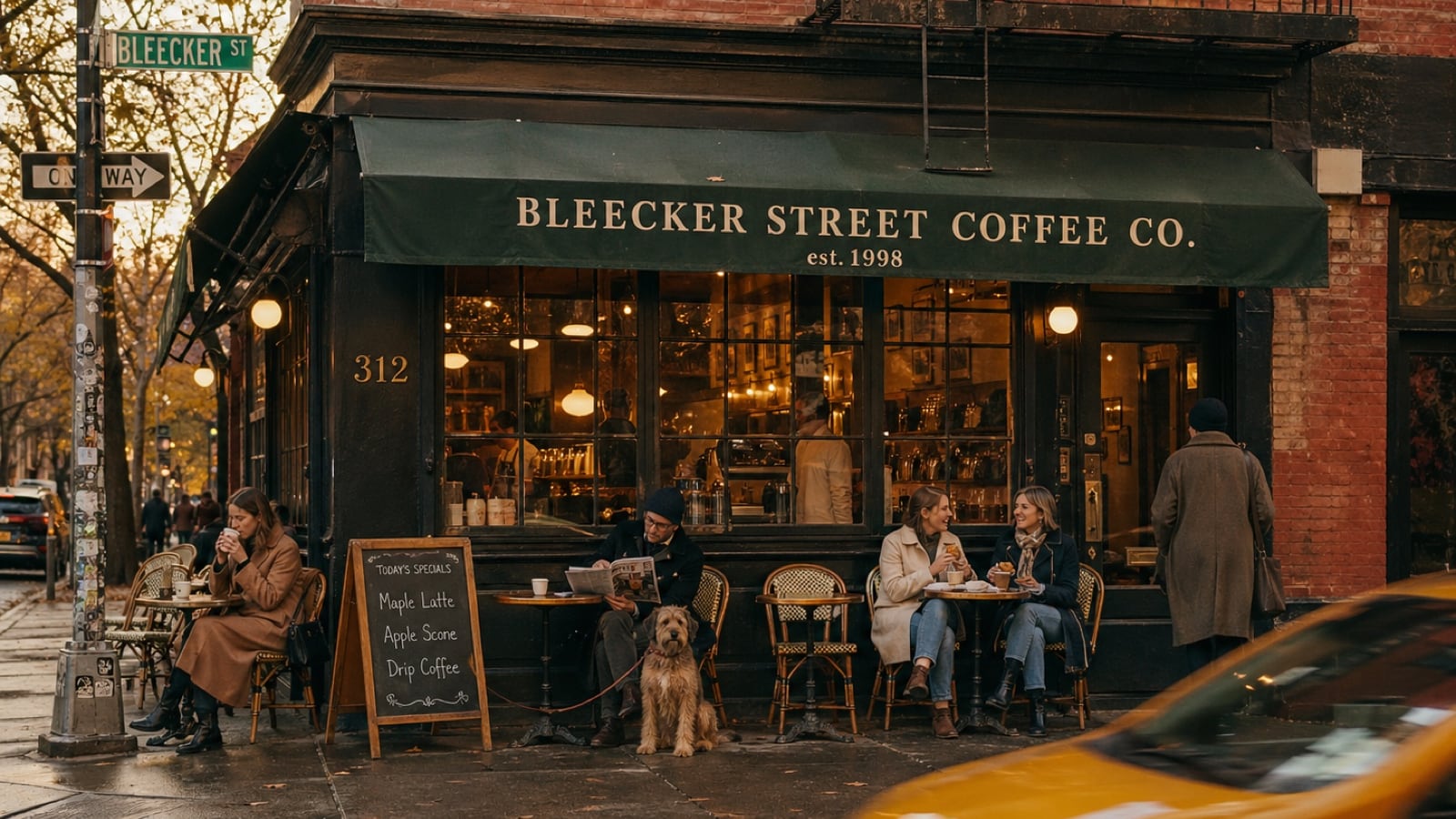 Bleecker Street Coffee Co. — neighborhood cafe storefront with warm evening light