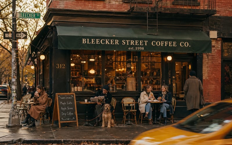 Business example — Bleecker Street Coffee storefront with warm evening light